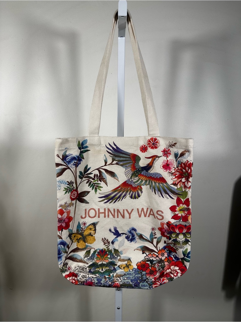 D17. Johnny Was Cream Canvas Tote with Multicolor Floral & Bird Print